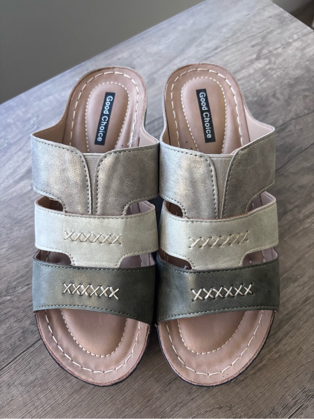 Good Choice Olive and Beige Triple-Strap Slide Mules